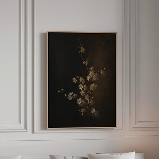 White blossom branch on a dark bronze ground, canvas print in a bright room with natural daylight
