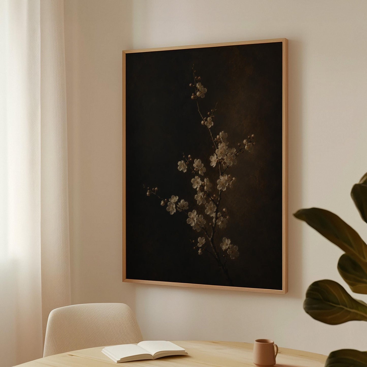 White blossom branch on a dark bronze ground, canvas wall art presented in a light, minimal room