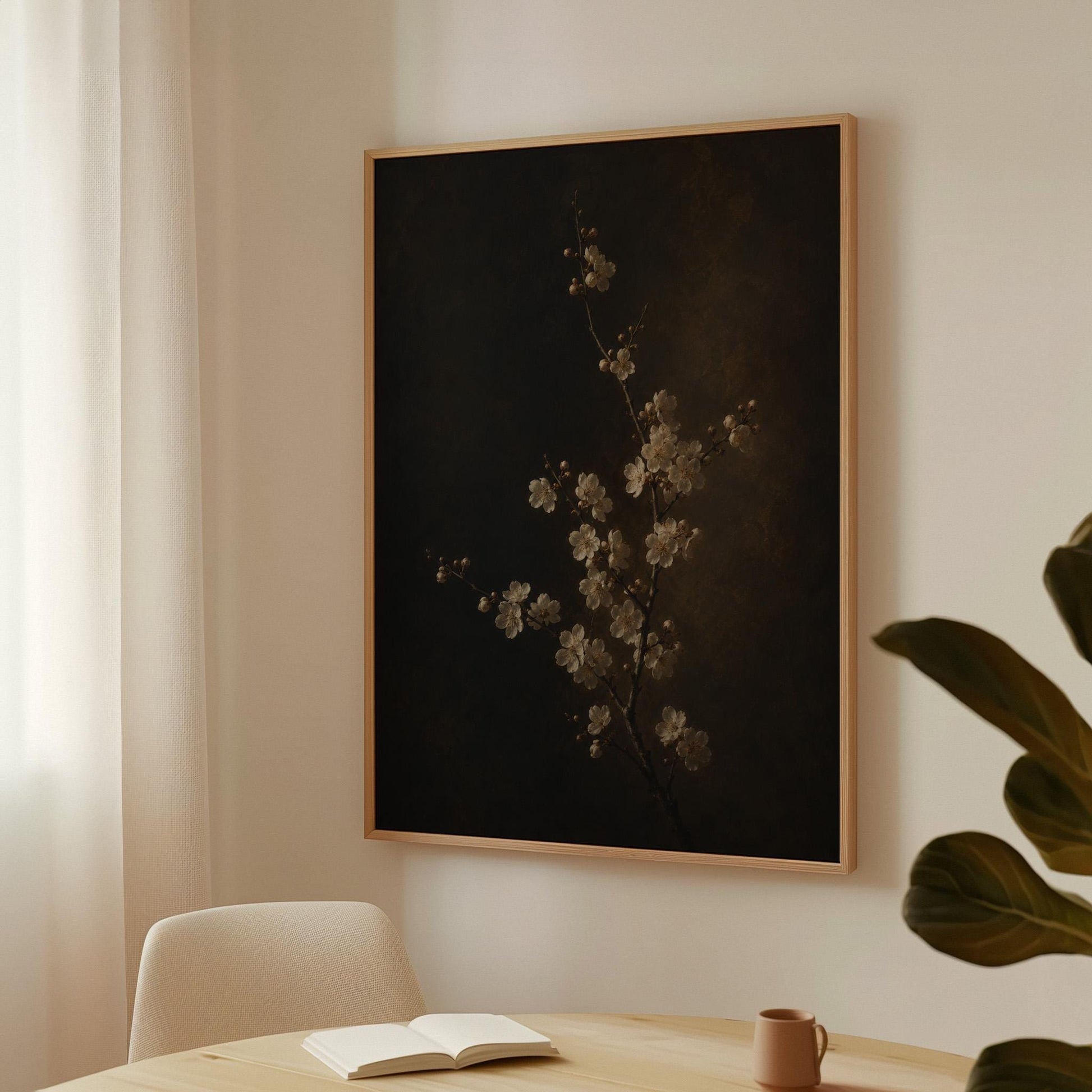 White blossom branch on a dark bronze ground, canvas wall art presented in a light, minimal room