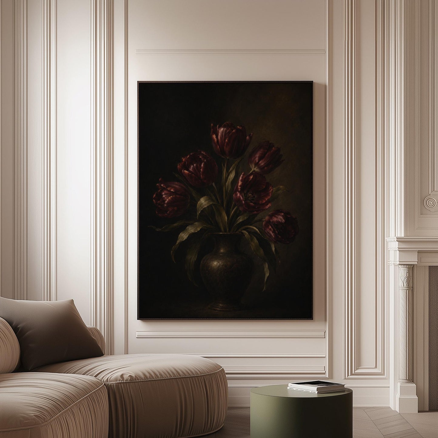 Deep burgundy tulips in a dark metal vase, canvas print on a softly lit wall in a calm interior