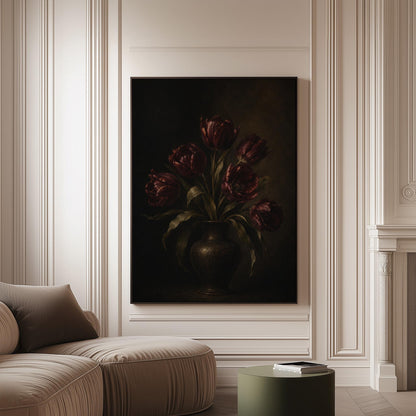 Deep burgundy tulips in a dark metal vase, canvas print on a softly lit wall in a calm interior