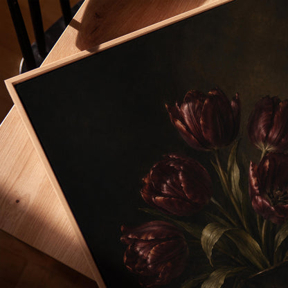 Deep burgundy tulips in a dark metal vase, canvas print in a warm, minimally styled interior