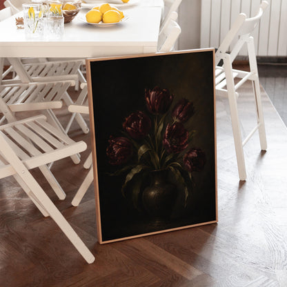 Deep burgundy tulips in a dark metal vase, canvas print presented in a light, minimal room