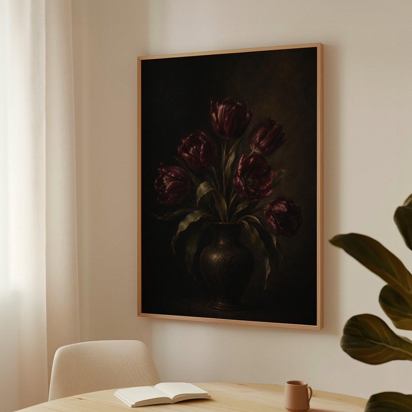 Deep burgundy tulips in a dark metal vase, canvas wall art styled against a soft white wall