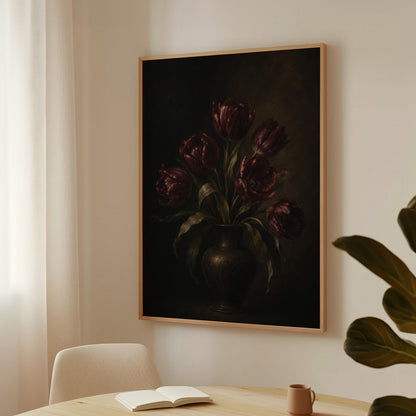 Deep burgundy tulips in a dark metal vase, canvas wall art styled against a soft white wall