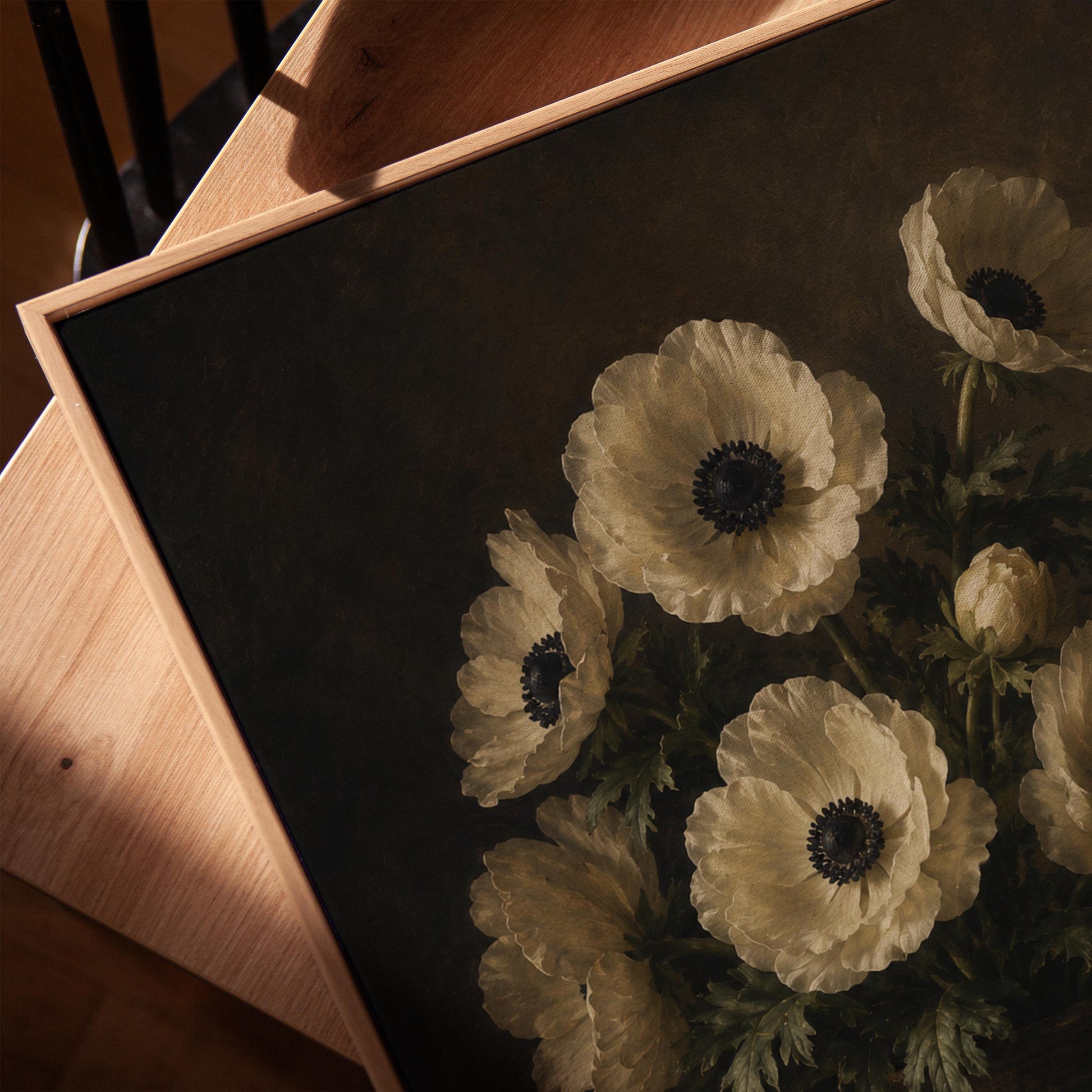 White anemones with dark centres in an earthen vase, canvas print in a warm, minimally styled interior