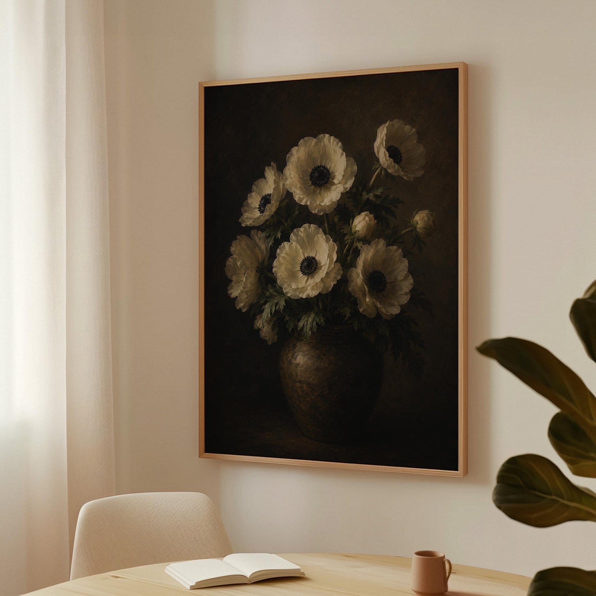 White anemones with dark centres in an earthen vase, canvas print presented in a light, minimal room