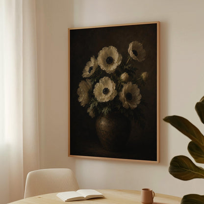 White anemones with dark centres in an earthen vase, canvas print presented in a light, minimal room