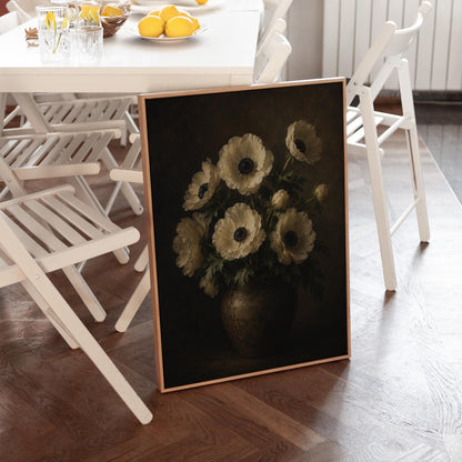 White anemones with dark centres in an earthen vase, canvas print shown in a sunlit, contemporary room