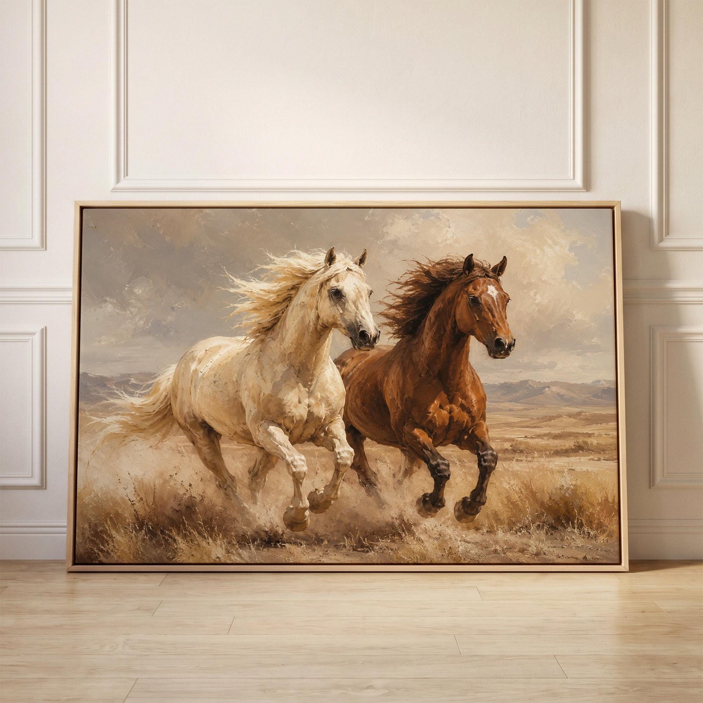 Two horses galloping side by side through golden prairie grass, canvas print held up against a sunlit bedroom wall
