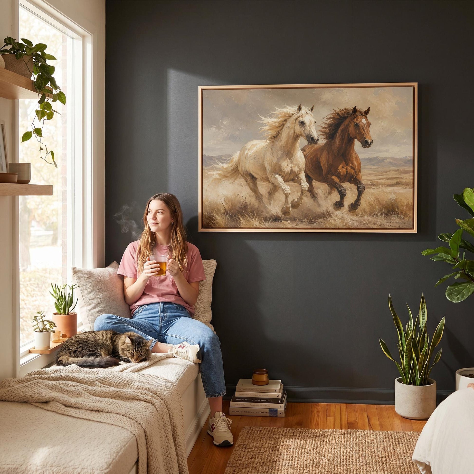 Two horses galloping side by side through golden prairie grass, canvas print hanging in a calm, modern living space