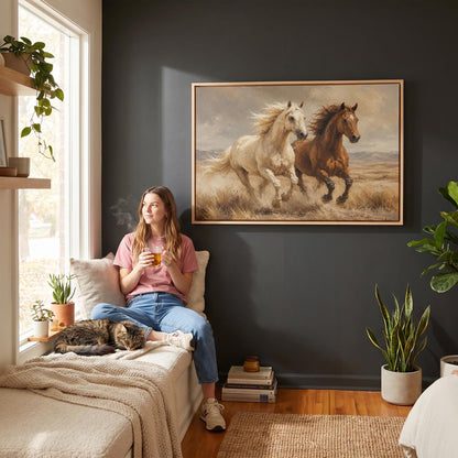 Two horses galloping side by side through golden prairie grass, canvas print hanging in a calm, modern living space