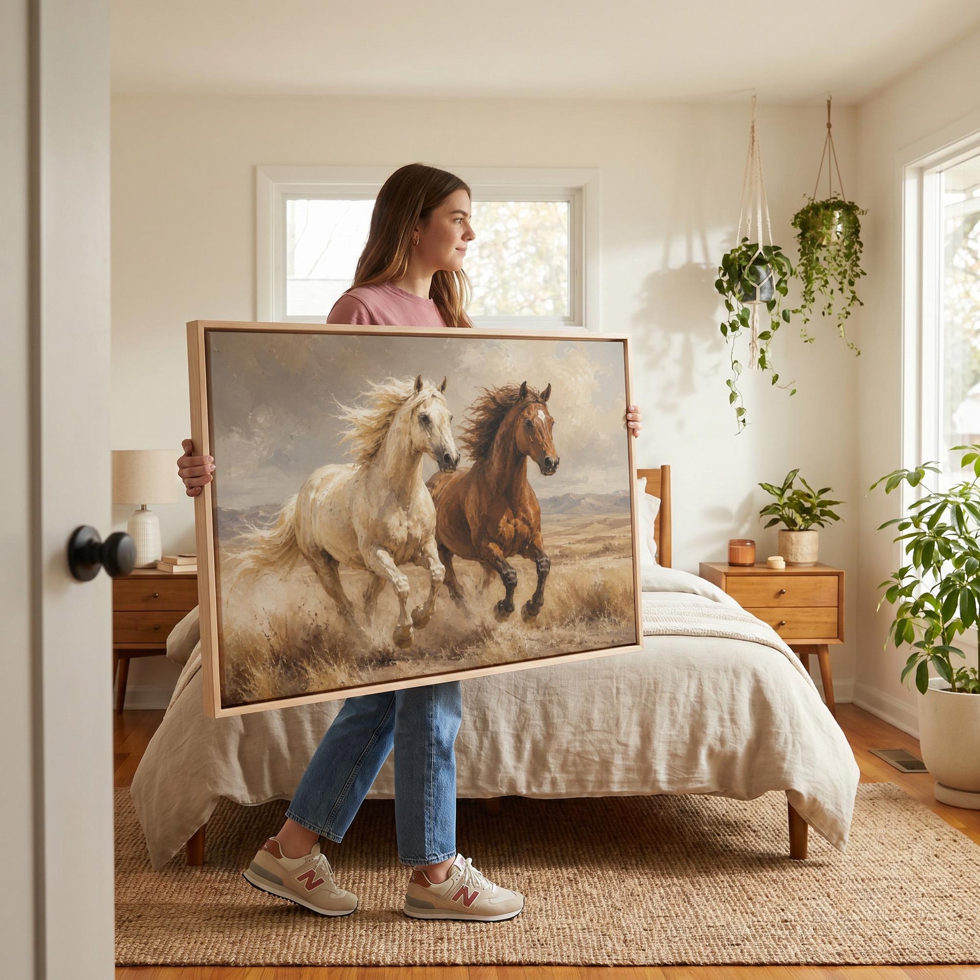 Two horses galloping side by side through golden prairie grass, canvas print seen in a warm interior with natural light