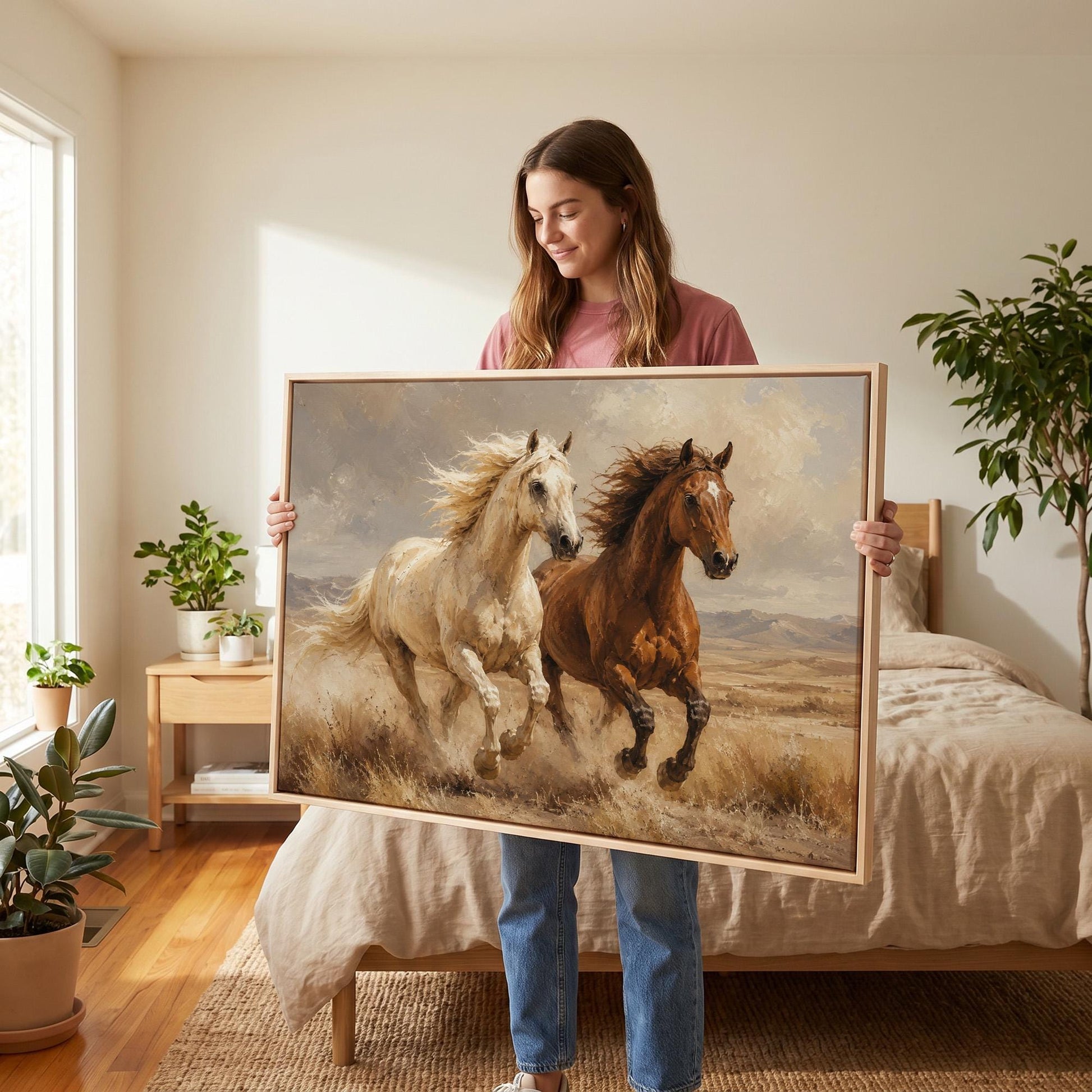 Two horses galloping side by side through golden prairie grass, canvas wall art styled against a soft white wall