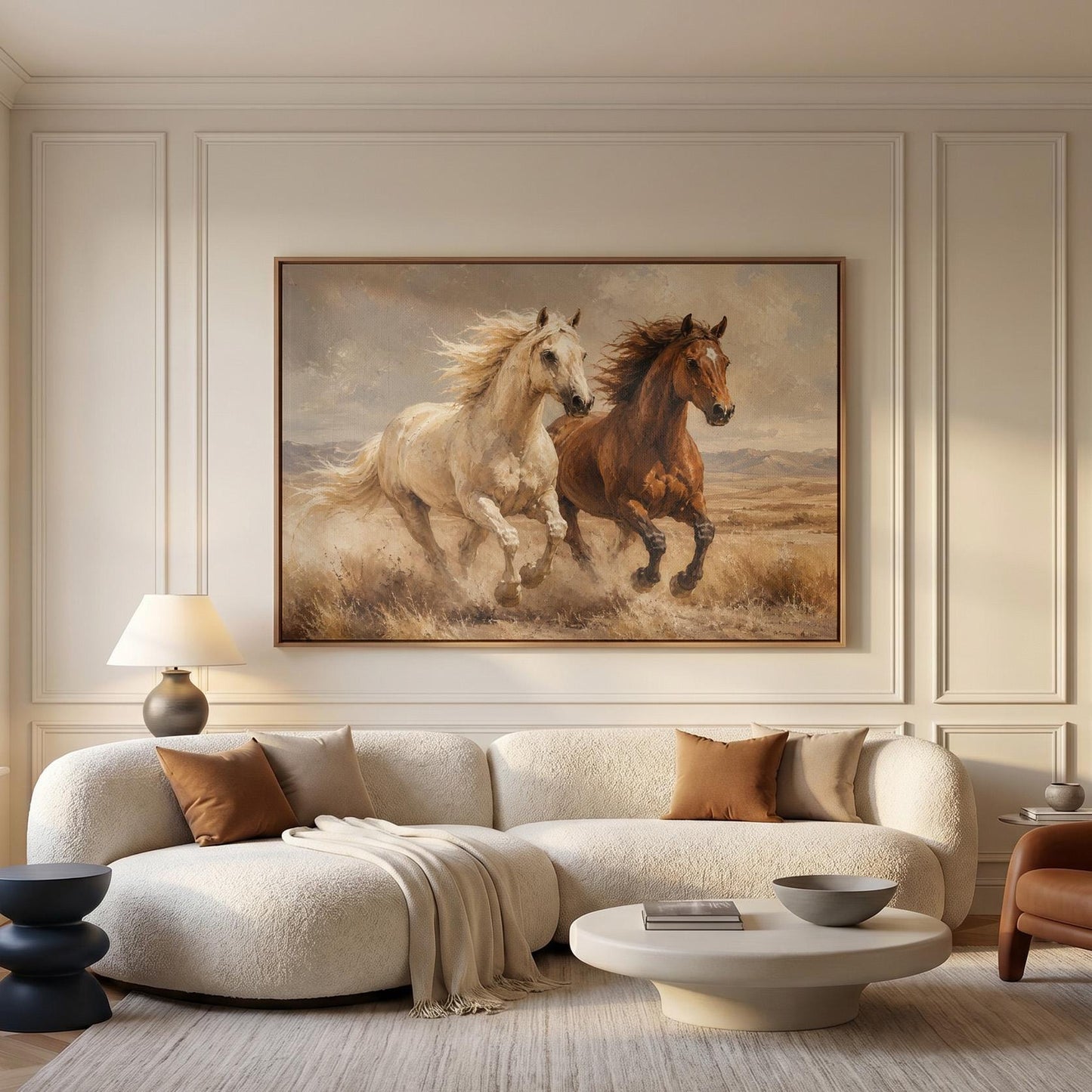 Two horses galloping side by side through golden prairie grass, canvas wall art seen in a warm interior with natural light