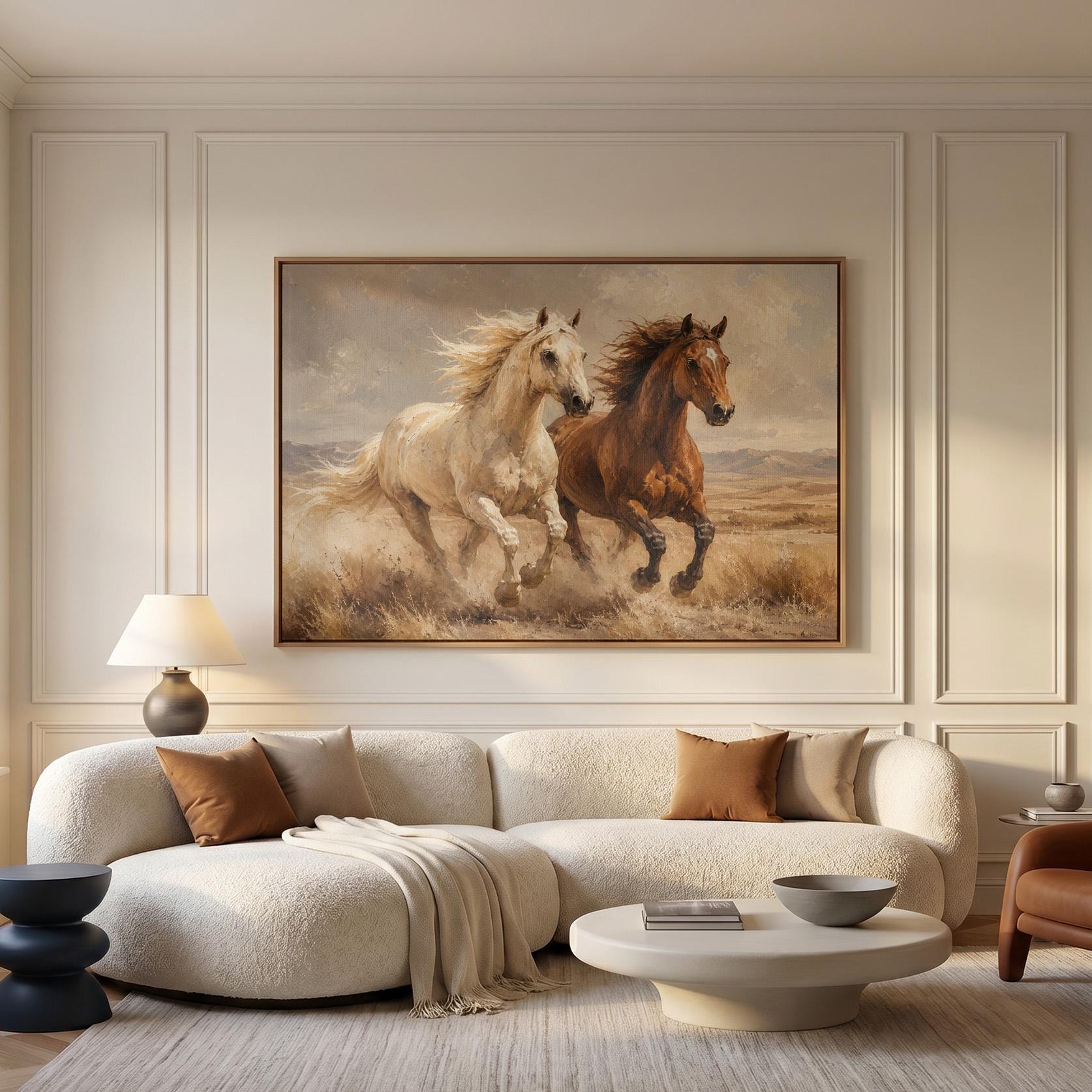 Two horses galloping side by side through golden prairie grass, canvas wall art seen in a warm interior with natural light