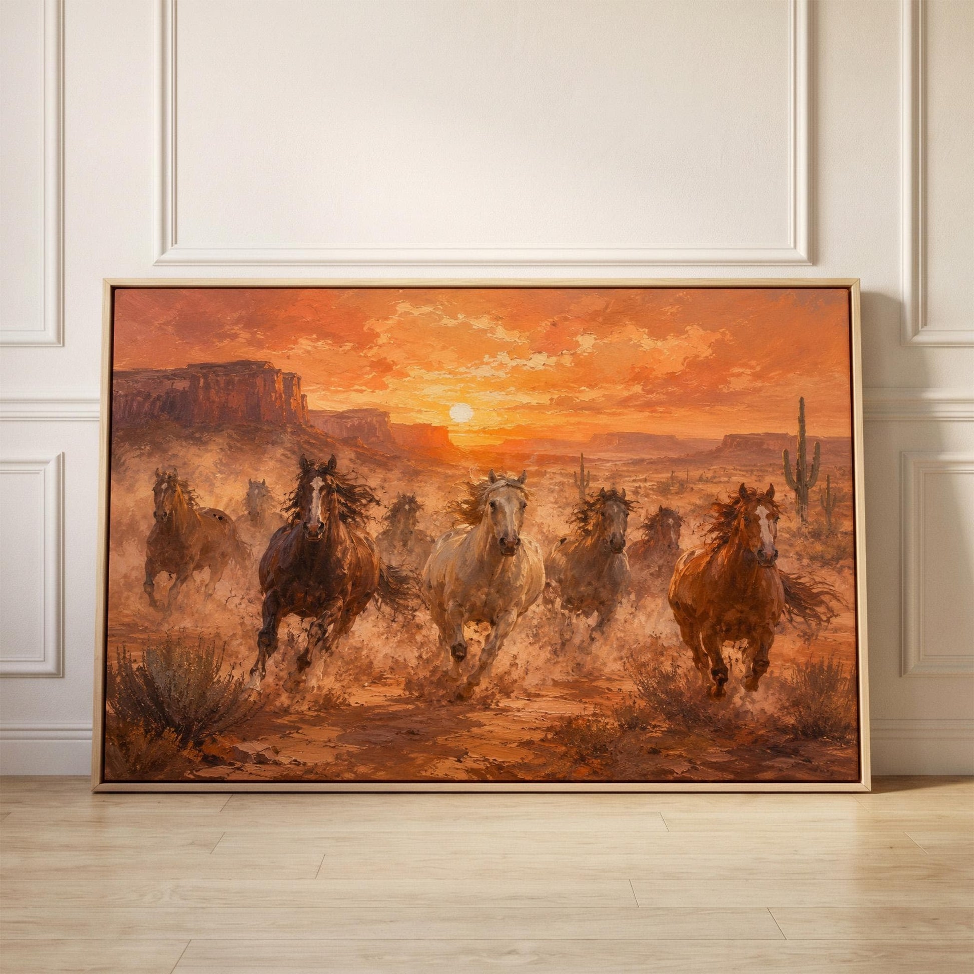 Herd of wild horses running through a desert at sunset, canvas print held up against a sunlit bedroom wall