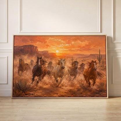 Herd of wild horses running through a desert at sunset, canvas print held up against a sunlit bedroom wall