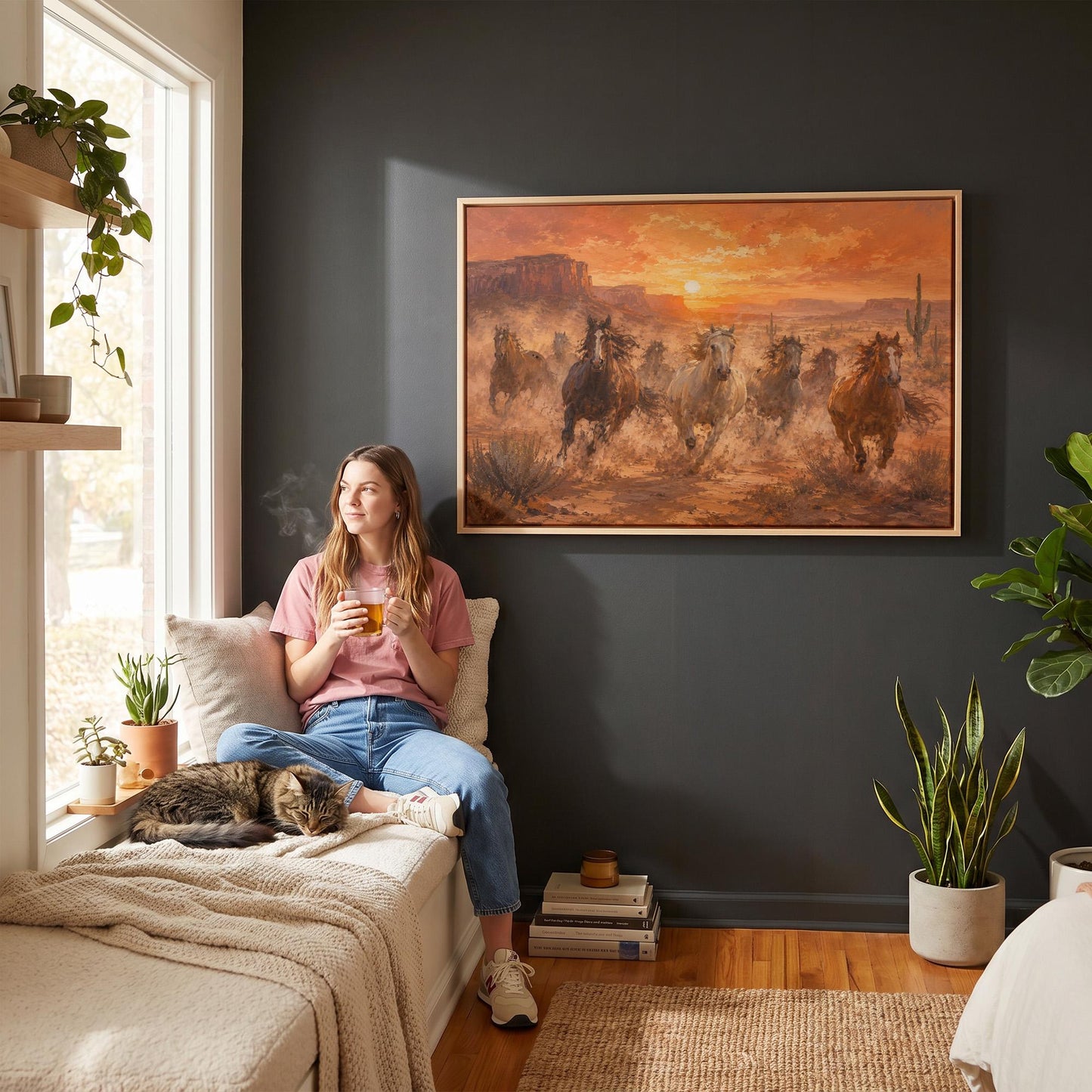 Herd of wild horses running through a desert at sunset, canvas print hanging in a calm, modern living space