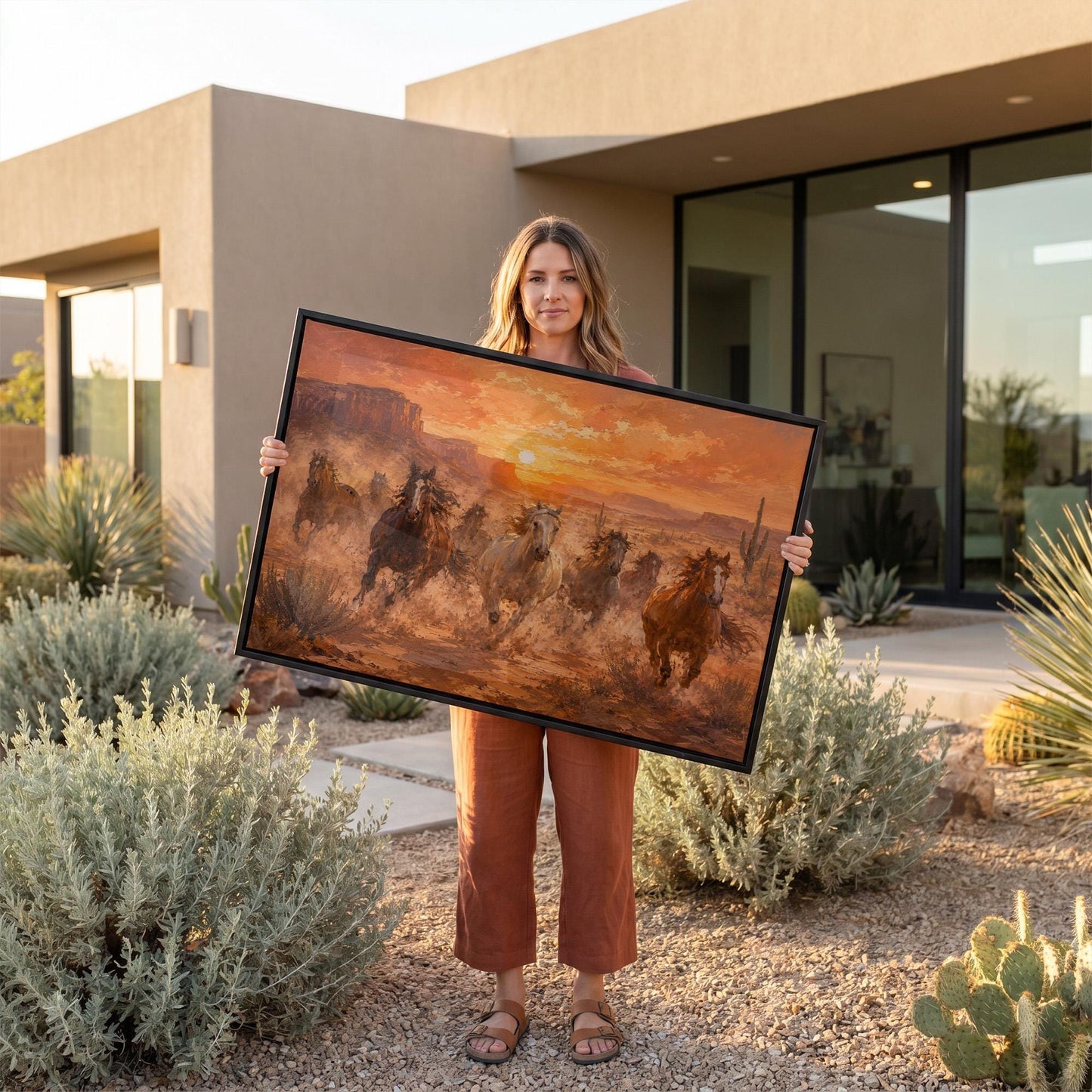 Herd of wild horses running through a desert at sunset, canvas print on a quiet wall in a considered interior