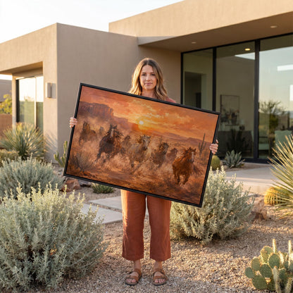 Herd of wild horses running through a desert at sunset, canvas print on a quiet wall in a considered interior
