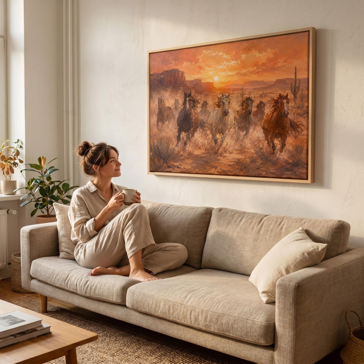 Herd of wild horses running through a desert at sunset, canvas print displayed on a neutral wall in a styled interior