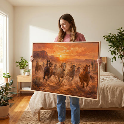 Herd of wild horses running through a desert at sunset, canvas print shown in a sunlit, contemporary room