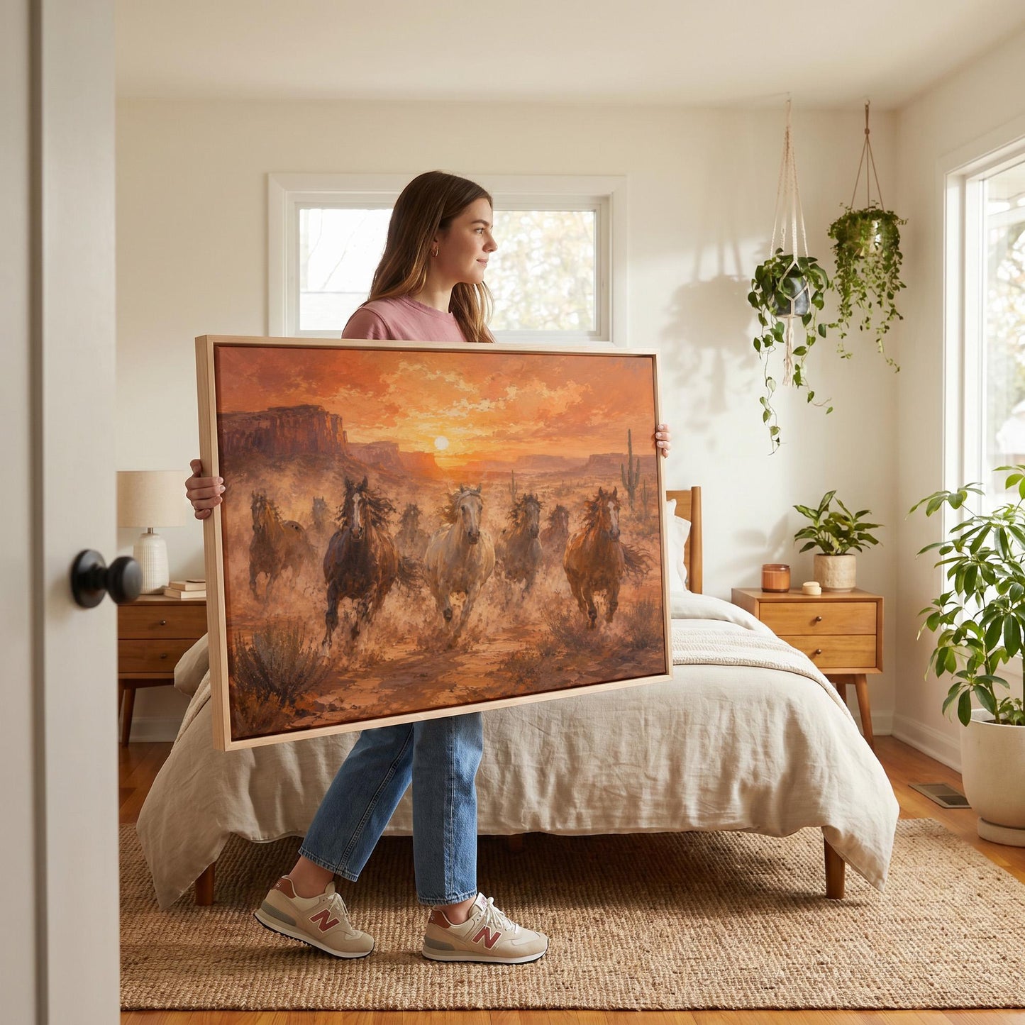 Herd of wild horses running through a desert at sunset, canvas wall art styled against a soft white wall