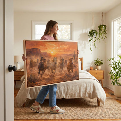 Herd of wild horses running through a desert at sunset, canvas wall art styled against a soft white wall
