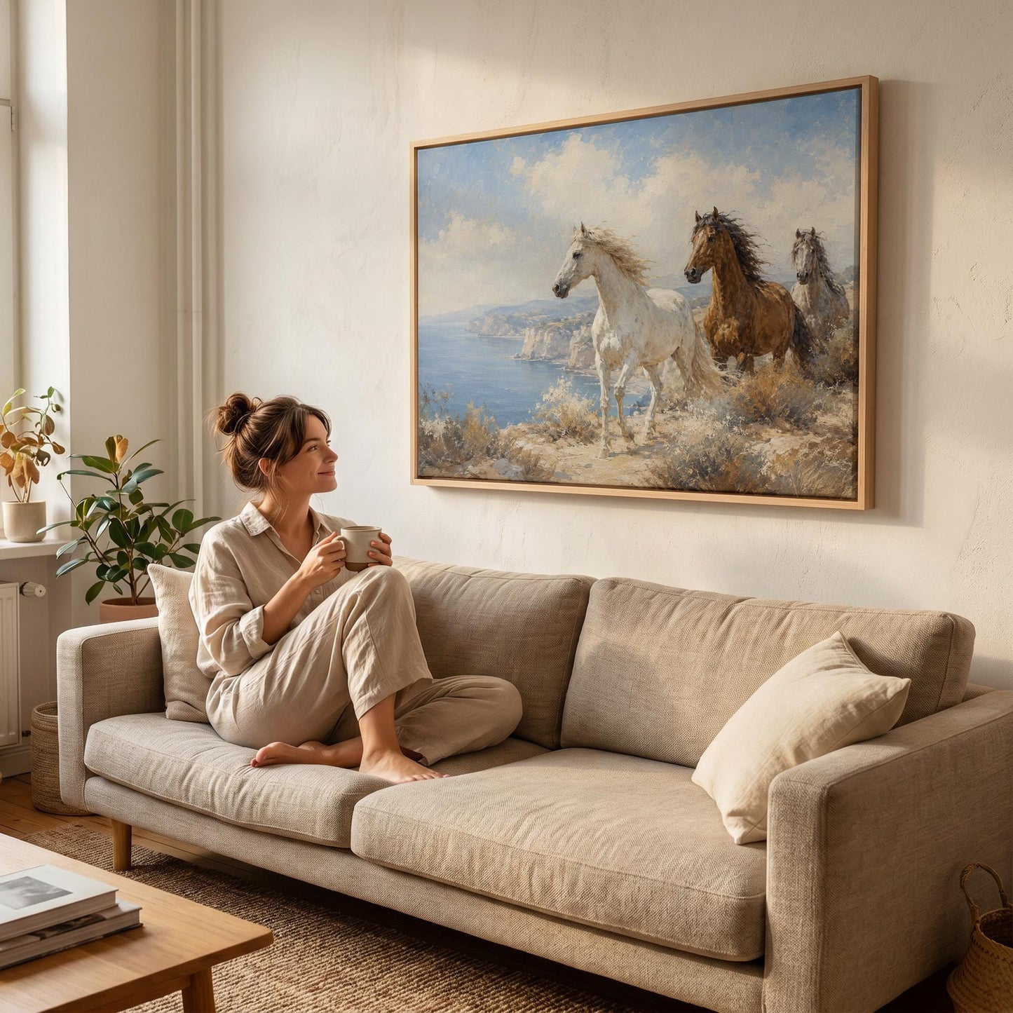 Three horses on a coastal bluff above a blue sea, canvas print styled against a soft white wall