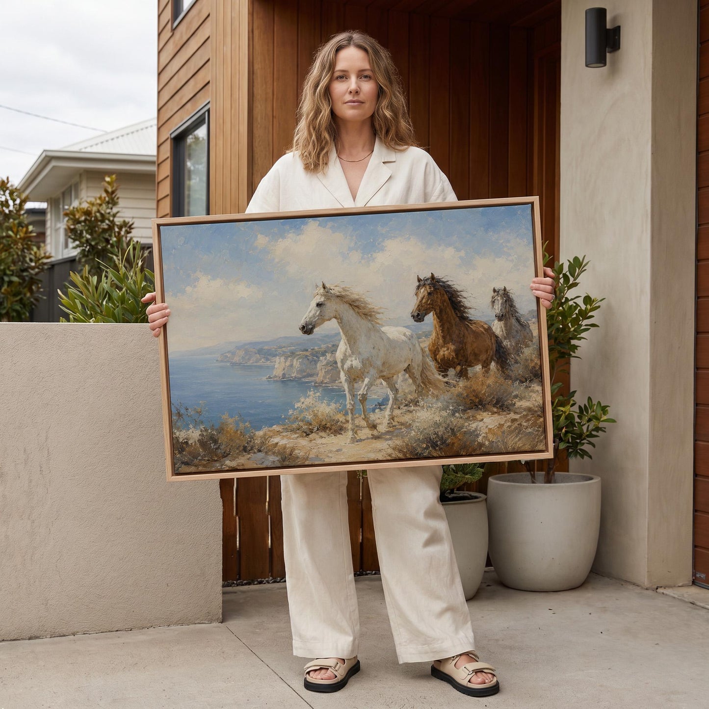 Three horses on a coastal bluff above a blue sea, canvas print shown in a sunlit, contemporary room
