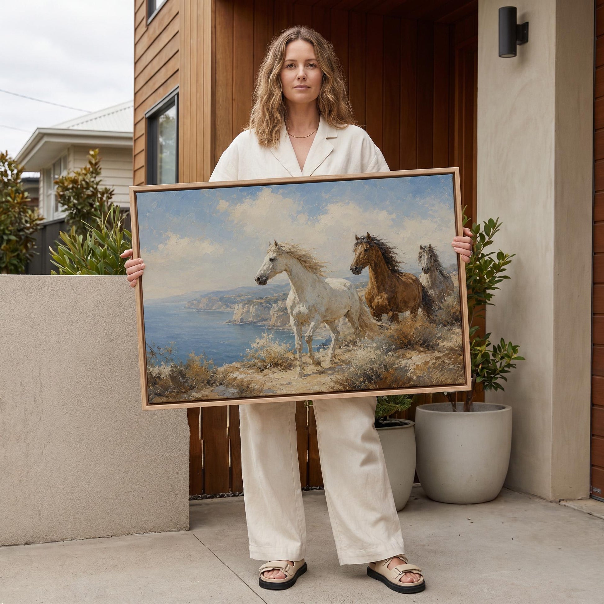 Three horses on a coastal bluff above a blue sea, canvas print shown in a sunlit, contemporary room