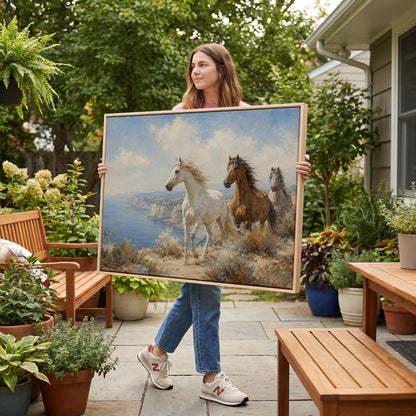 Three horses on a coastal bluff above a blue sea, canvas wall art hanging in a calm, modern living space