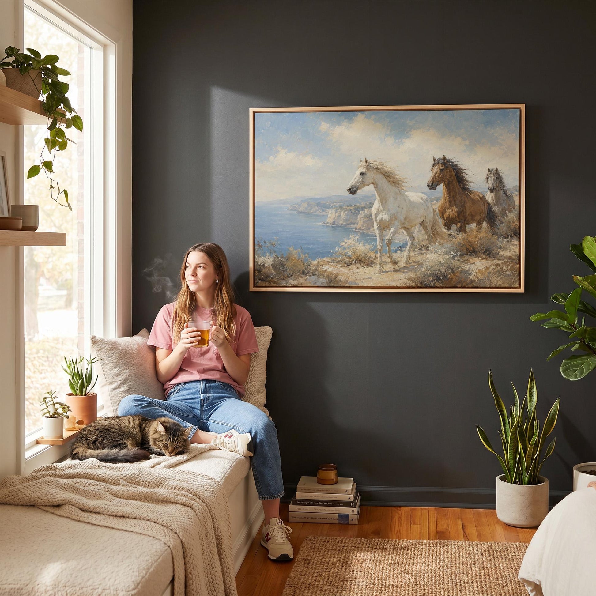 Three horses on a coastal bluff above a blue sea, canvas wall art seen in a warm interior with natural light