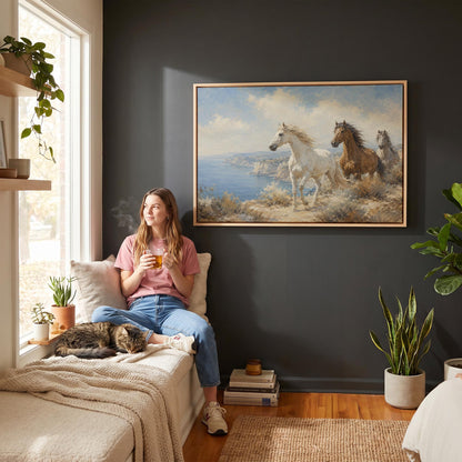 Three horses on a coastal bluff above a blue sea, canvas wall art seen in a warm interior with natural light
