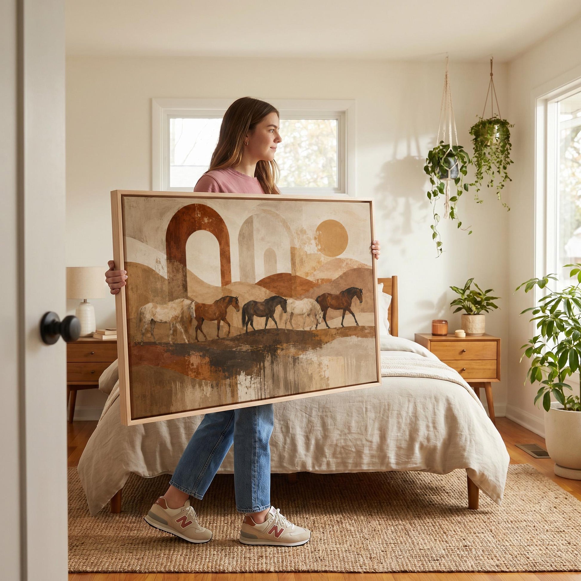 Horses walking across abstract terracotta desert bands, canvas print hanging in a calm, modern living space