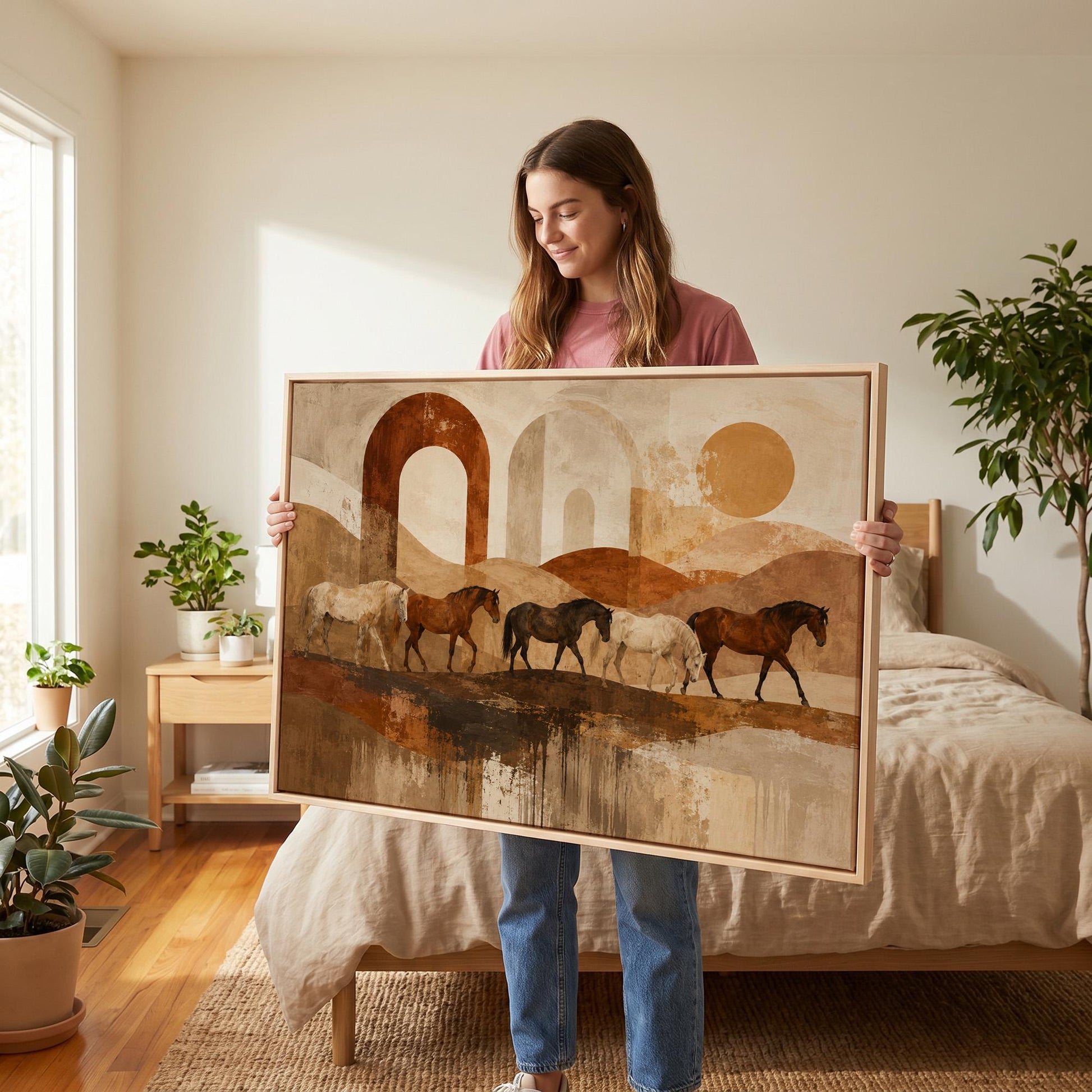 Horses walking across abstract terracotta desert bands, canvas print styled against a soft white wall