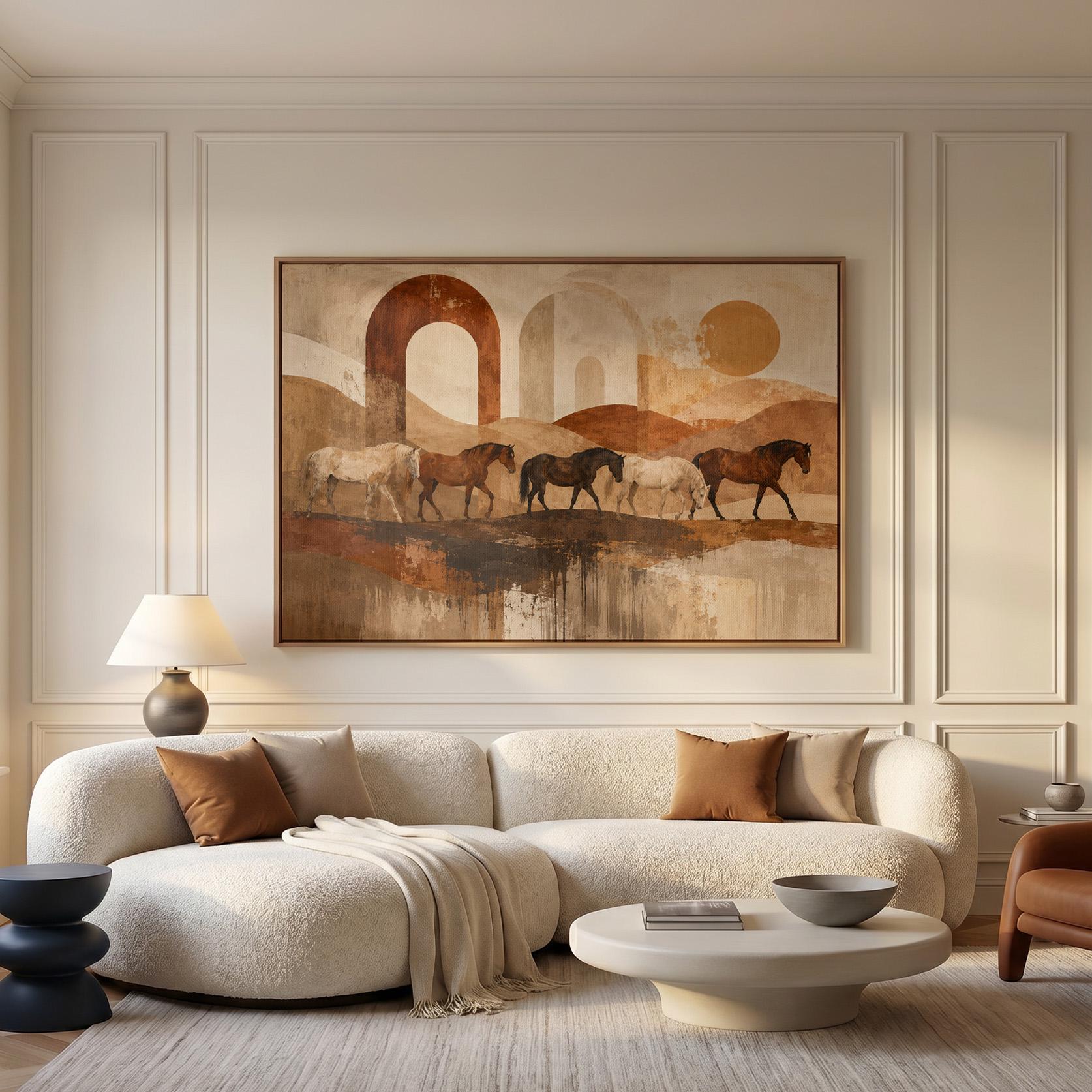 Horses walking across abstract terracotta desert bands, canvas print on a quiet wall in a considered interior