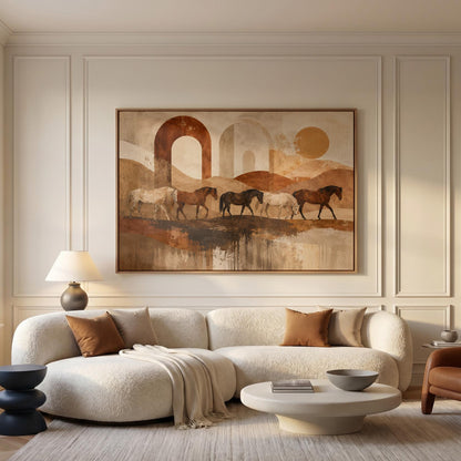 Horses walking across abstract terracotta desert bands, canvas print on a quiet wall in a considered interior