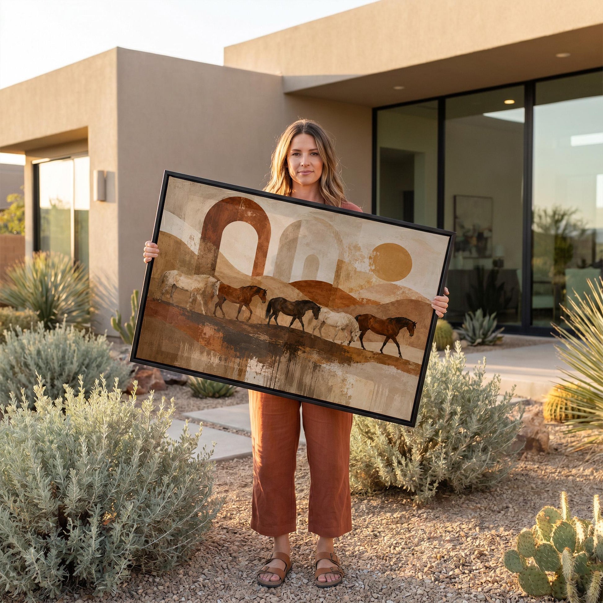 Horses walking across abstract terracotta desert bands, canvas print shown to scale in a furnished room