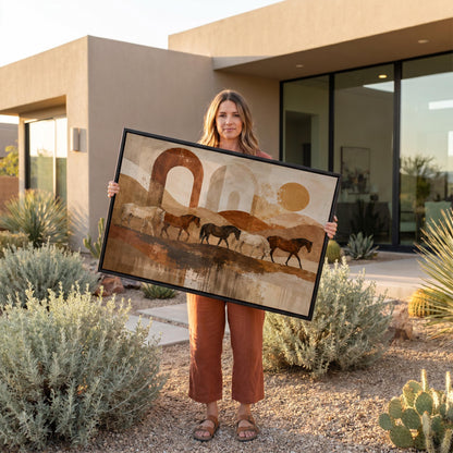 Horses walking across abstract terracotta desert bands, canvas print shown to scale in a furnished room