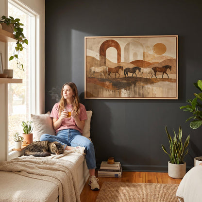 Horses walking across abstract terracotta desert bands, canvas wall art seen in a warm interior with natural light