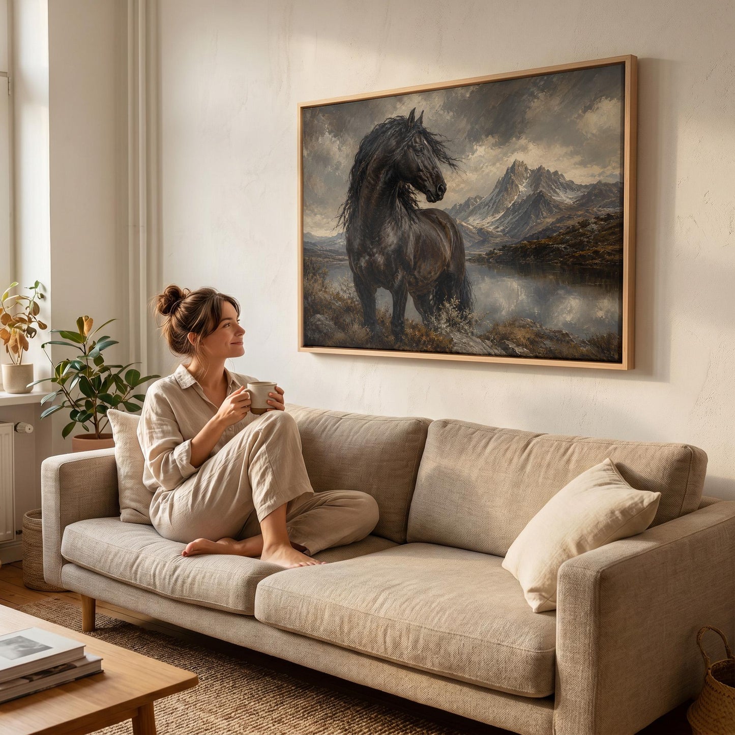 Black Friesian horse by a mountain lake under storm light, canvas print presented in a light, minimal room