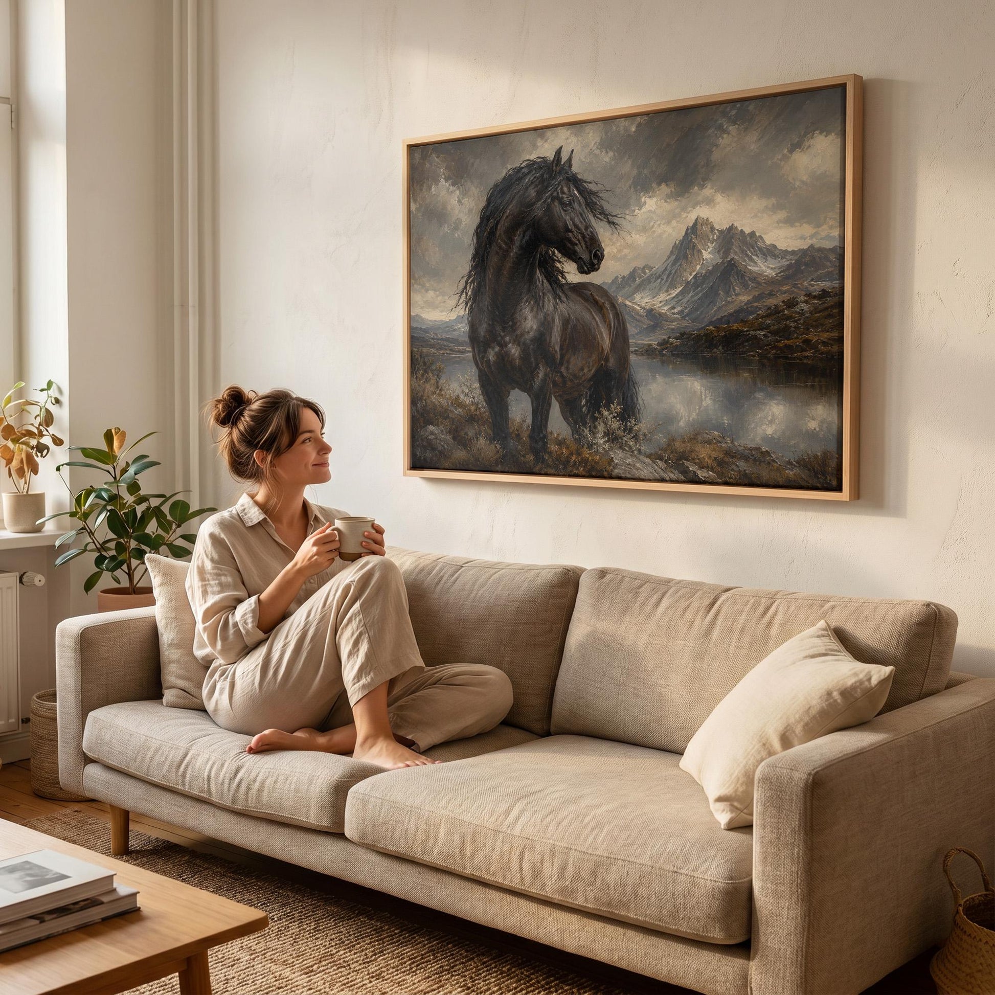 Black Friesian horse by a mountain lake under storm light, canvas print presented in a light, minimal room