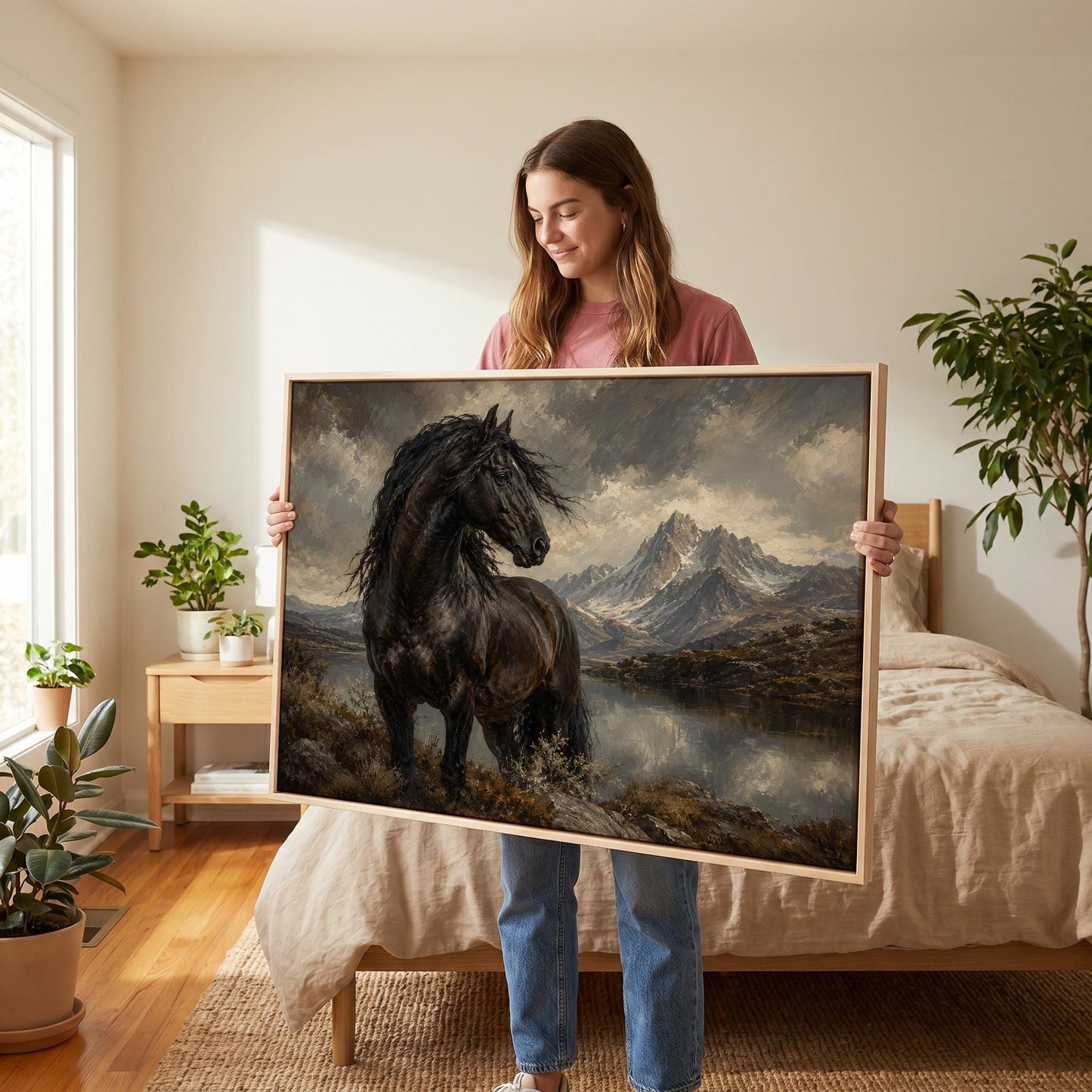Black Friesian horse by a mountain lake under storm light, canvas print shown to scale in a furnished room