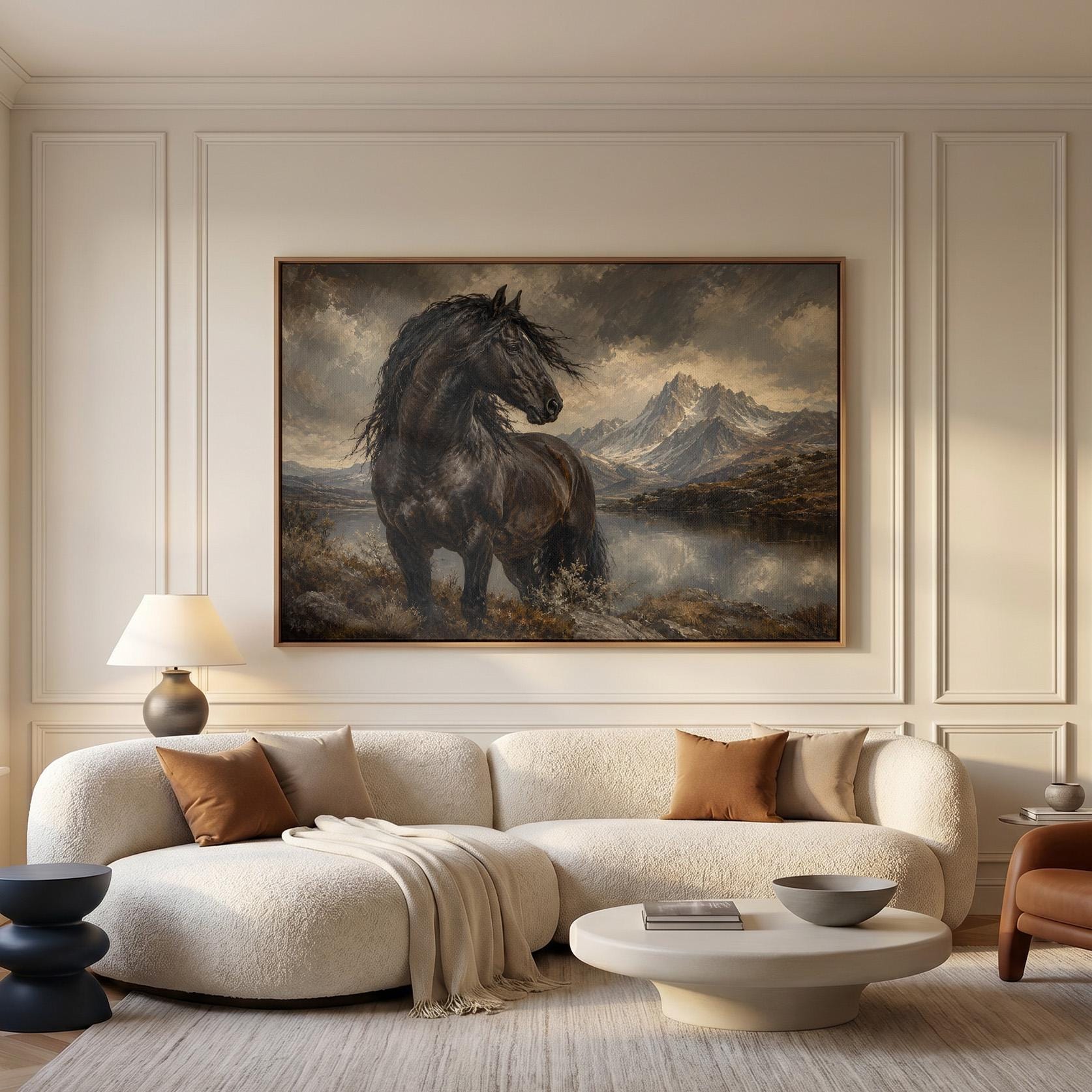 Black Friesian horse by a mountain lake under storm light, canvas wall art styled against a soft white wall