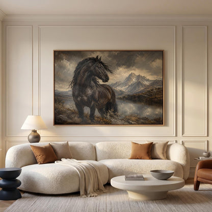 Black Friesian horse by a mountain lake under storm light, canvas wall art styled against a soft white wall