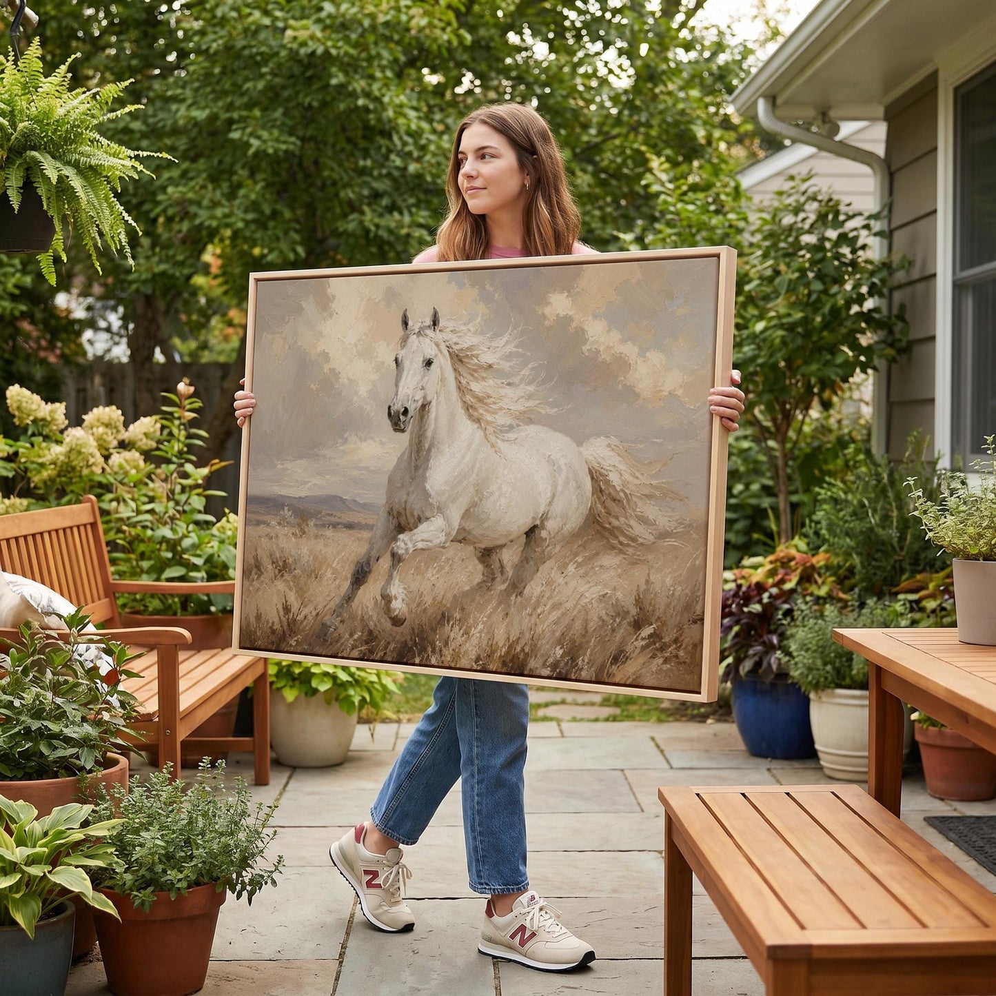 White stallion galloping through pale grassland, canvas print styled against a soft white wall