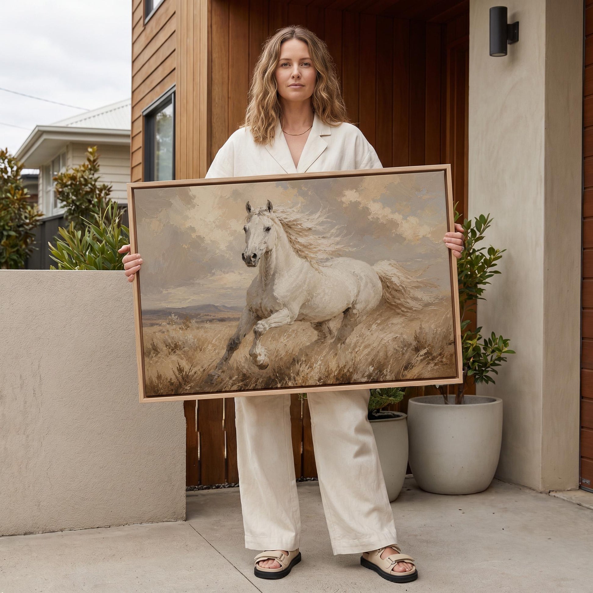 White stallion galloping through pale grassland, canvas print presented in a light, minimal room