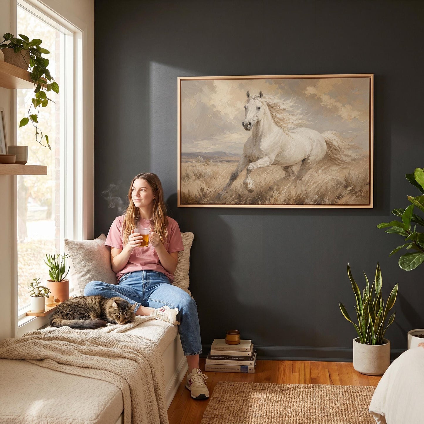 White stallion galloping through pale grassland, canvas print on a quiet wall in a considered interior
